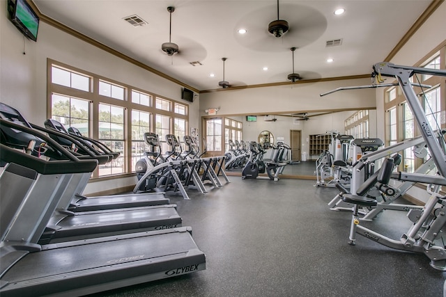 820 Lake Sierra Way, Little Elm, TX 75068 - gym with a ceiling fan, ornamental molding, and recessed lighting
