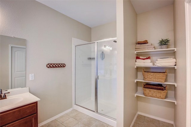 708 Savanna Dr, Josephine, TX 75173 - bathroom with a shower stall, tile patterned flooring, vanity, and baseboards