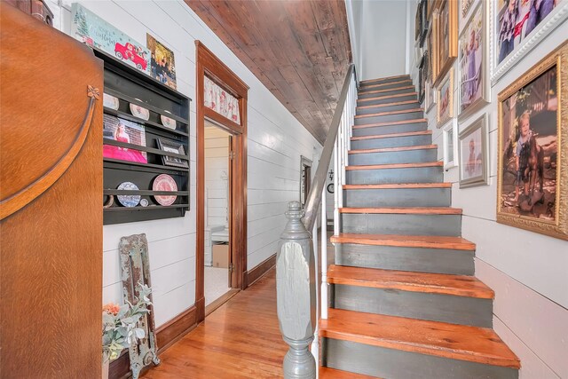 306 College St, Red Oak, TX 75154 - stairway with wood finished floors, wood walls, and wood ceiling