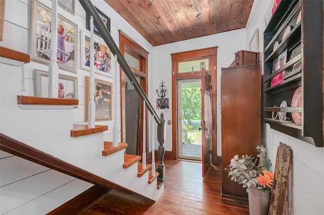 306 College St, Red Oak, TX 75154 - foyer entrance featuring wood ceiling, hardwood / wood-style flooring, and stairs