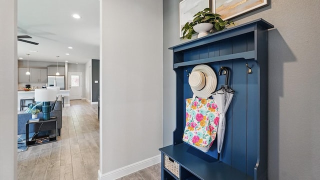 1303 Finley Dr, Mansfield, TX 76063 - mudroom featuring light wood finished floors, a ceiling fan, baseboards, and recessed lighting