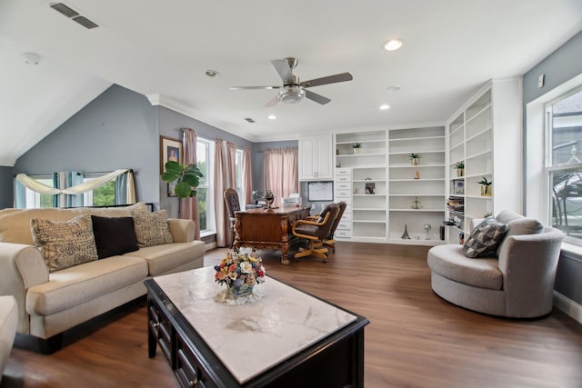 4711 W Wedgefield Rd, Granbury, TX 76049 - living room featuring dark wood-style floors, ceiling fan, and recessed lighting