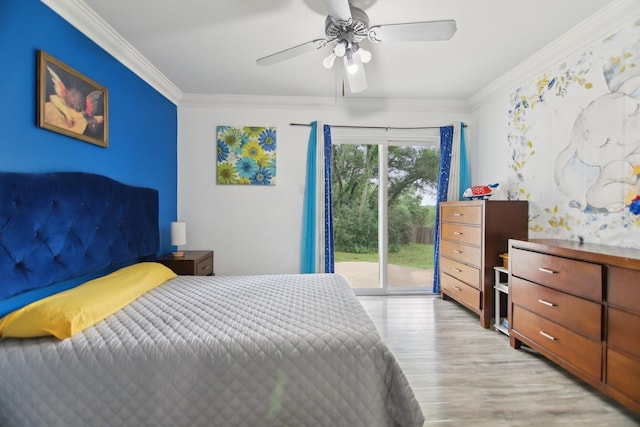 4711 W Wedgefield Rd, Granbury, TX 76049 - bedroom with crown molding, access to outside, light wood finished floors, and ceiling fan