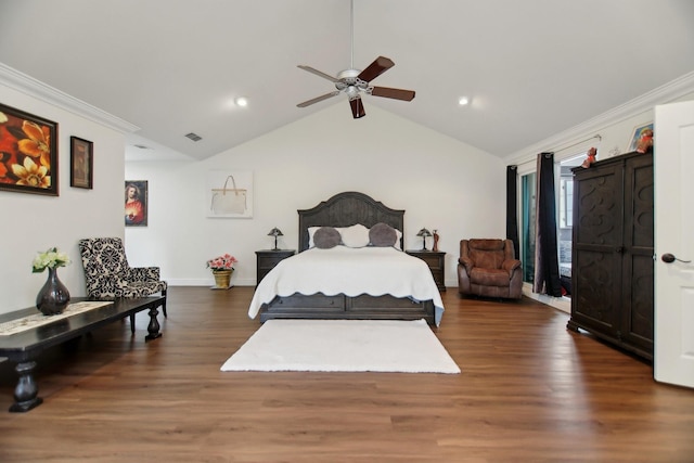 4711 W Wedgefield Rd, Granbury, TX 76049 - bedroom with vaulted ceiling, wood finished floors, ornamental molding, recessed lighting, and a ceiling fan