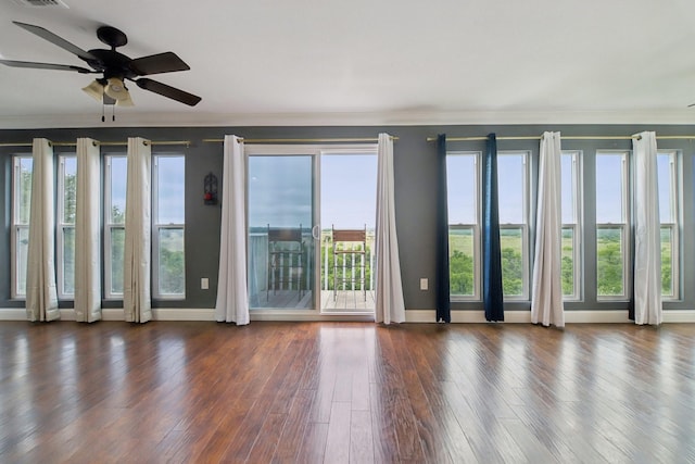 4711 W Wedgefield Rd, Granbury, TX 76049 - unfurnished living room with a ceiling fan, crown molding, baseboards, and wood finished floors