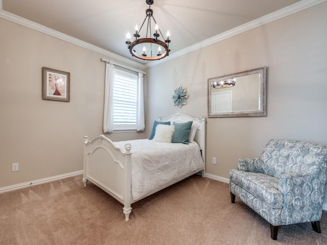 13026 Brook Ridge Dr, Frisco, TX 75035 - carpeted bedroom featuring a chandelier, ornamental molding, and baseboards