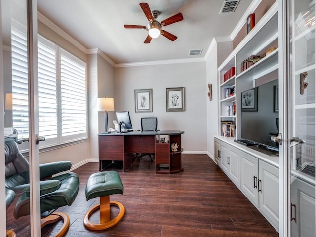 13026 Brook Ridge Dr, Frisco, TX 75035 - office space featuring a ceiling fan, baseboards, healthy amount of natural light, ornamental molding, and dark wood-style floors
