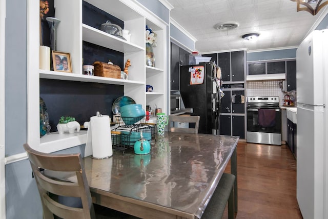 kitchen with stainless steel electric range oven, freestanding refrigerator, open shelves, dark wood finished floors, and crown molding