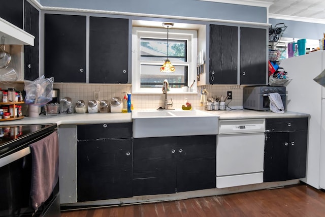 kitchen with dark cabinets, electric range, dishwasher, backsplash, and ornamental molding