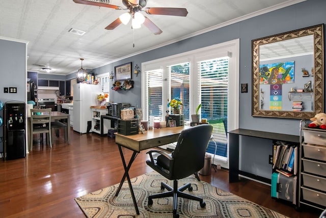 home office featuring ceiling fan, wood finished floors, and crown molding
