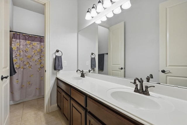 2801 Spring Oaks Dr, Highland Village, TX 75077 - full bath featuring tile patterned floors, double vanity, and a shower with shower curtain