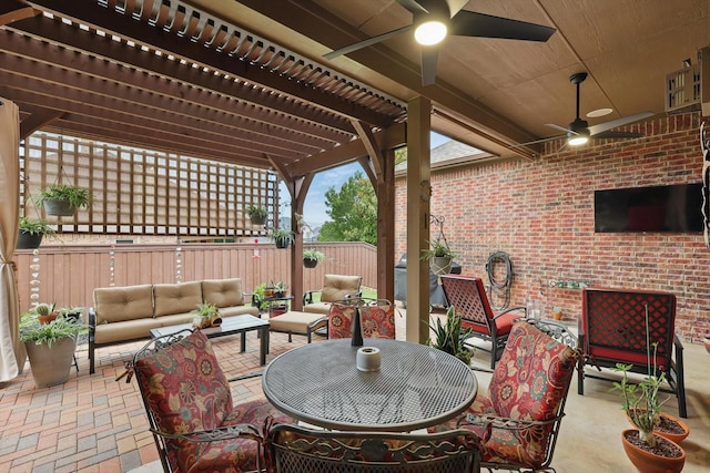 2801 Spring Oaks Dr, Highland Village, TX 75077 - fenced backyard featuring outdoor lounge area, a pergola, ceiling fan, and a patio