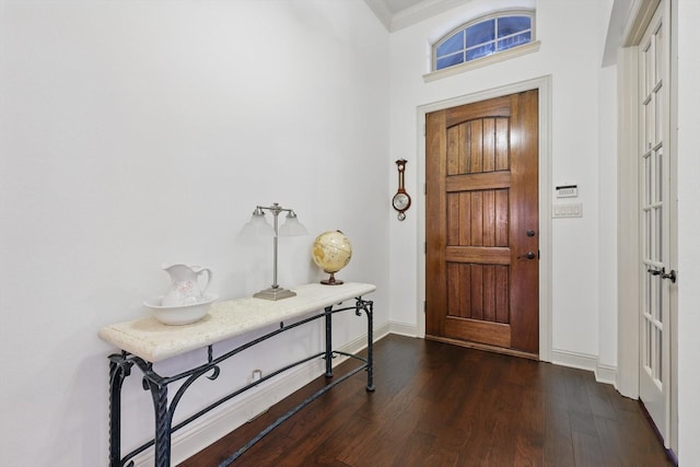 2801 Spring Oaks Dr, Highland Village, TX 75077 - foyer entrance featuring dark wood-style floors, baseboards, and ornamental molding