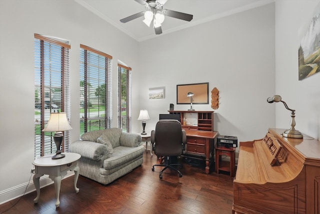 2801 Spring Oaks Dr, Highland Village, TX 75077 - office featuring crown molding, wood finished floors, ceiling fan, and baseboards