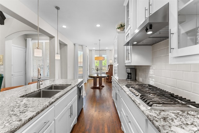 12092 Burnt Prairie Ln, Frisco, TX 75035 - kitchen featuring range hood, a sink, appliances with stainless steel finishes, white cabinetry, and dark wood-style floors