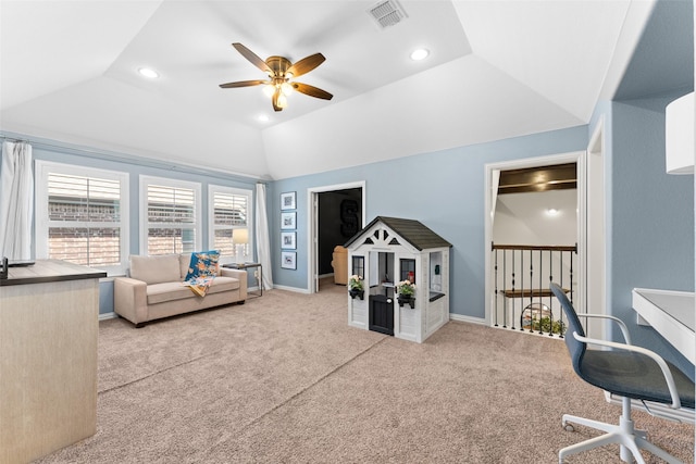 12092 Burnt Prairie Ln, Frisco, TX 75035 - carpeted office with a ceiling fan, lofted ceiling, recessed lighting, and baseboards