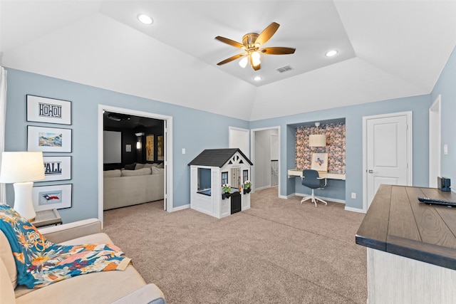 12092 Burnt Prairie Ln, Frisco, TX 75035 - living area featuring a ceiling fan, vaulted ceiling, carpet flooring, recessed lighting, and baseboards