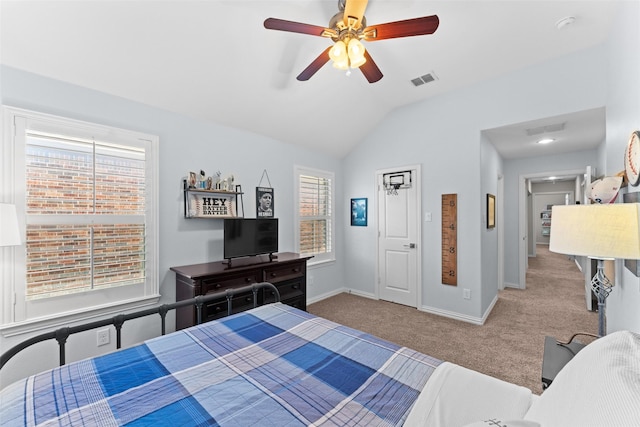 12092 Burnt Prairie Ln, Frisco, TX 75035 - carpeted bedroom featuring multiple windows, baseboards, vaulted ceiling, and ceiling fan