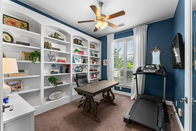 12092 Burnt Prairie Ln, Frisco, TX 75035 - carpeted home office with a ceiling fan and baseboards