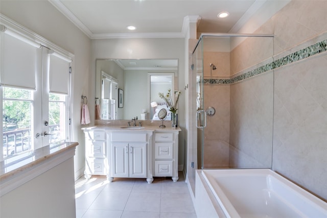 4432 Mockingbird Pkwy, University Park, TX 75205 - full bathroom featuring tile patterned flooring, a stall shower, ornamental molding, french doors, and vanity