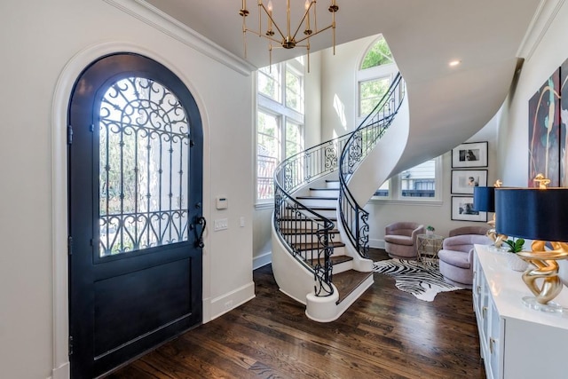 4432 Mockingbird Pkwy, University Park, TX 75205 - foyer featuring wood finished floors, baseboards, a chandelier, stairs, and crown molding