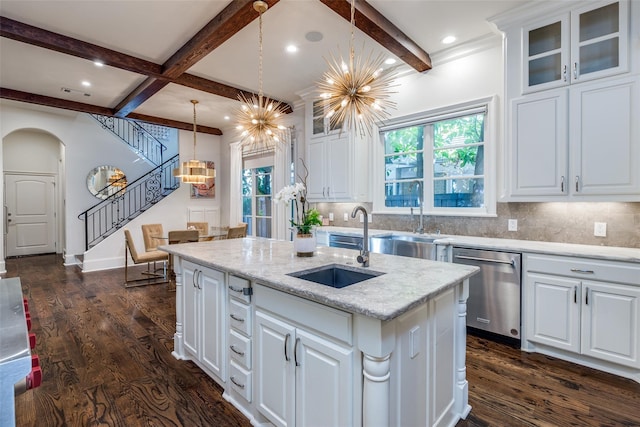 4432 Mockingbird Pkwy, University Park, TX 75205 - kitchen featuring dishwasher, a sink, a chandelier, backsplash, and beamed ceiling