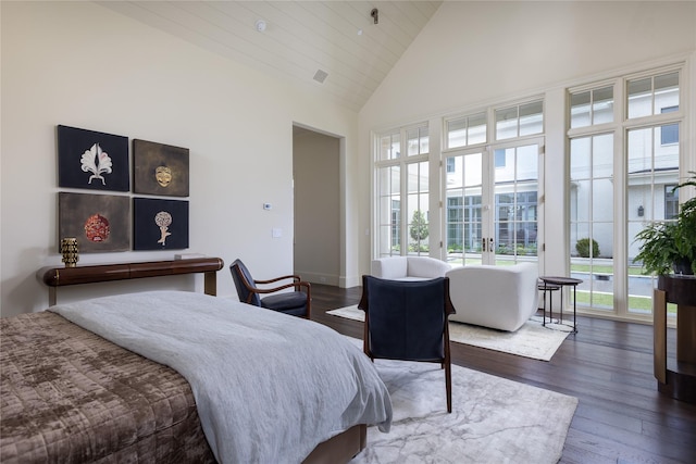 5610 Lobello, Dallas, TX 75229 - bedroom featuring dark wood-style floors, french doors, high vaulted ceiling, and access to exterior