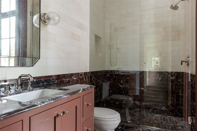 5610 Lobello, Dallas, TX 75229 - bathroom with toilet, a stall shower, vanity, and tile walls