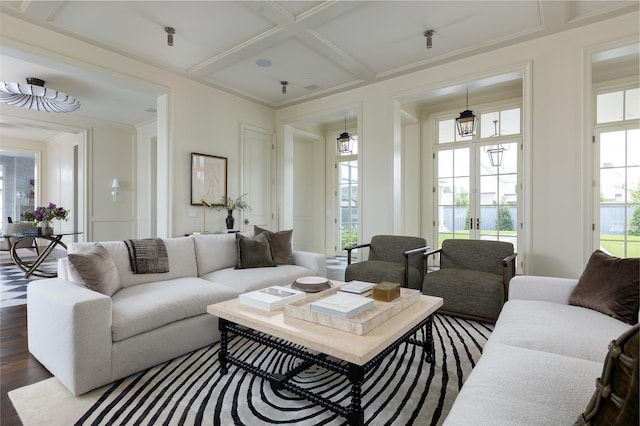 5610 Lobello, Dallas, TX 75229 - living area with a decorative wall, coffered ceiling, dark wood-type flooring, and beamed ceiling