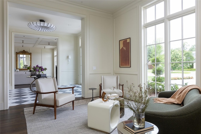 5610 Lobello, Dallas, TX 75229 - living room featuring a decorative wall, dark wood finished floors, ornamental molding, beam ceiling, and coffered ceiling