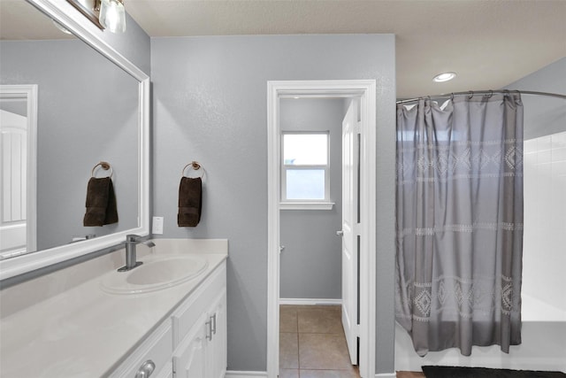 5061 Britton Ridge Ln, Fort Worth, TX 76179 - full bathroom featuring tile patterned floors, shower / bath combo with shower curtain, and vanity
