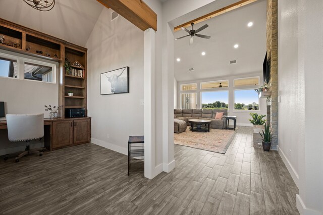 1196 Smith Rd, Ponder, TX 76259 - office space with ceiling fan, baseboards, built in study area, high vaulted ceiling, and dark wood finished floors