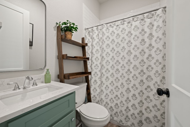 1196 Smith Rd, Ponder, TX 76259 - bathroom featuring toilet, vanity, and a shower with curtain