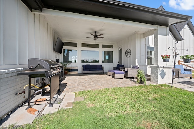 1196 Smith Rd, Ponder, TX 76259 - view of patio featuring an outdoor living space, a ceiling fan, and grilling area
