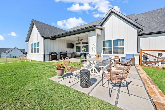 1196 Smith Rd, Ponder, TX 76259 - back of house with board and batten siding, a shingled roof, a ceiling fan, a patio, and outdoor lounge area