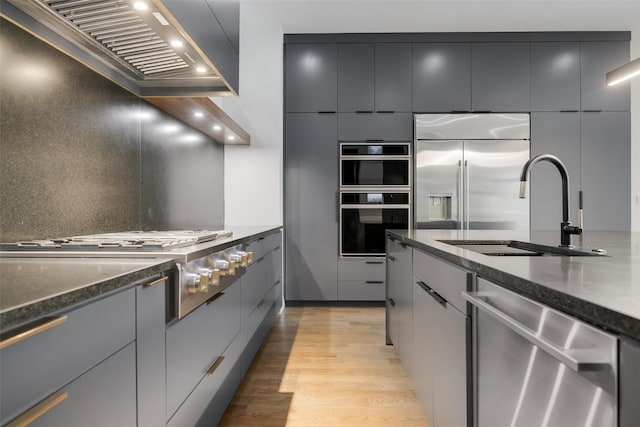 10026 Mccree Rd, Dallas, TX 75238 - kitchen featuring stainless steel appliances, a sink, custom exhaust hood, light wood-type flooring, and modern cabinets