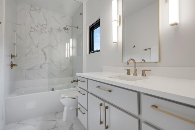10026 Mccree Rd, Dallas, TX 75238 - bathroom featuring toilet, marble look tile flooring, shower / washtub combination, and vanity