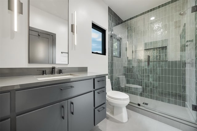 10026 Mccree Rd, Dallas, TX 75238 - bathroom featuring toilet, vanity, a stall shower, and tile patterned flooring
