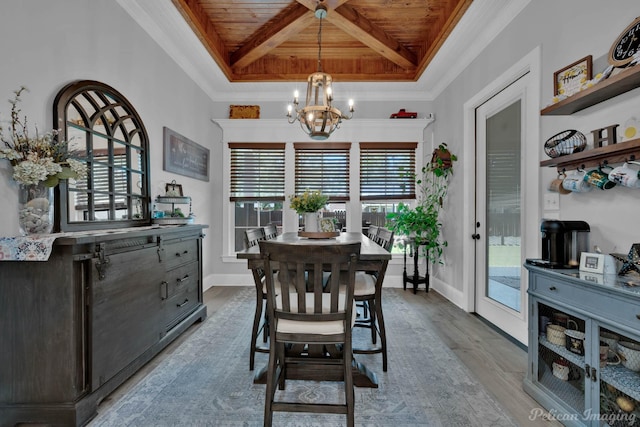 150 St Andrews Ln, Benton, LA 71006 - dining room featuring a chandelier, wood finished floors, ornamental molding, wooden ceiling, and baseboards