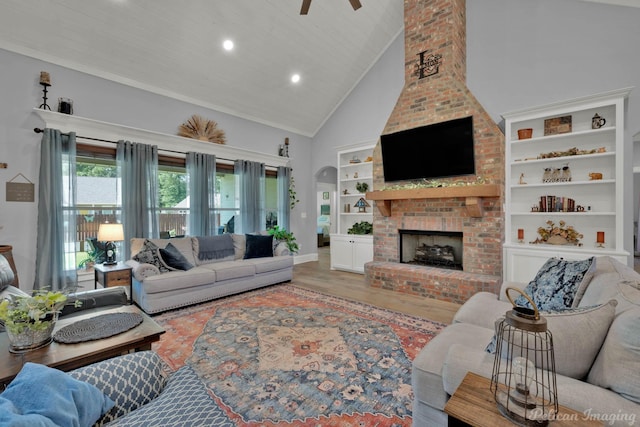 150 St Andrews Ln, Benton, LA 71006 - living area featuring high vaulted ceiling, a ceiling fan, recessed lighting, a fireplace, and baseboards