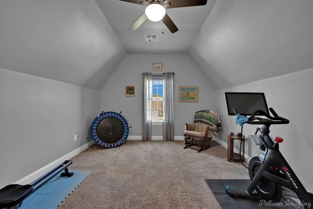 150 St Andrews Ln, Benton, LA 71006 - exercise room featuring vaulted ceiling, carpet flooring, ceiling fan, and baseboards