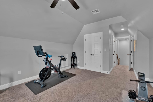 150 St Andrews Ln, Benton, LA 71006 - workout room with ceiling fan, lofted ceiling, carpet flooring, and baseboards