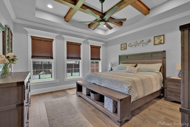 150 St Andrews Ln, Benton, LA 71006 - bedroom with coffered ceiling, light wood-style floors, beamed ceiling, baseboards, and recessed lighting