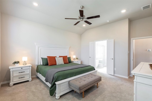 1106 Sassafras Dr, Princeton, TX 75407 - bedroom featuring light colored carpet, recessed lighting, vaulted ceiling, baseboards, and ensuite bathroom