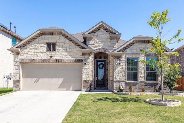 1106 Sassafras Dr, Princeton, TX 75407 - french country inspired facade with stone siding, a front yard, driveway, and a garage