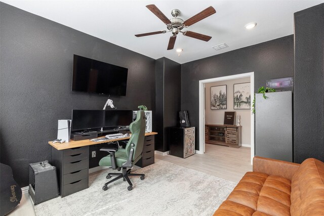1106 Sassafras Dr, Princeton, TX 75407 - office with light wood-type flooring, ceiling fan, recessed lighting, baseboards, and beverage cooler