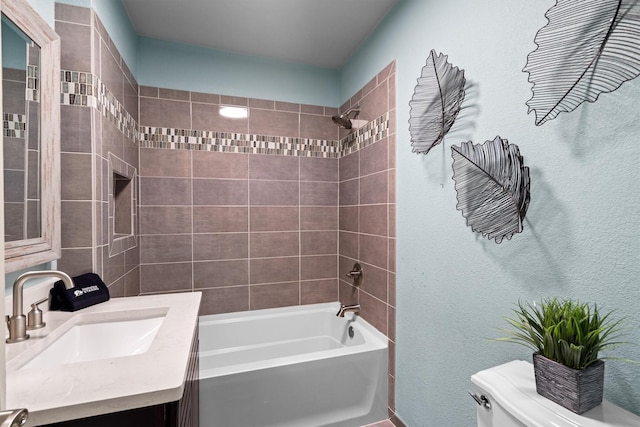919 Old Justin Rd, Argyle, TX 76226 - bathroom with bathing tub / shower combination, toilet, vanity, and a textured wall