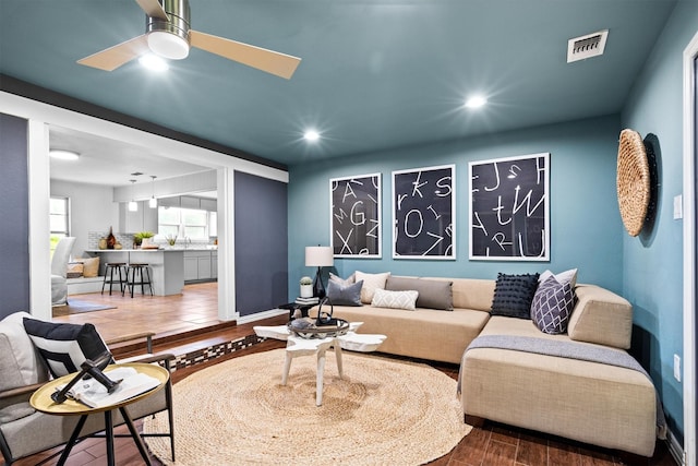 919 Old Justin Rd, Argyle, TX 76226 - living room with wood finished floors, ceiling fan, recessed lighting, and baseboards