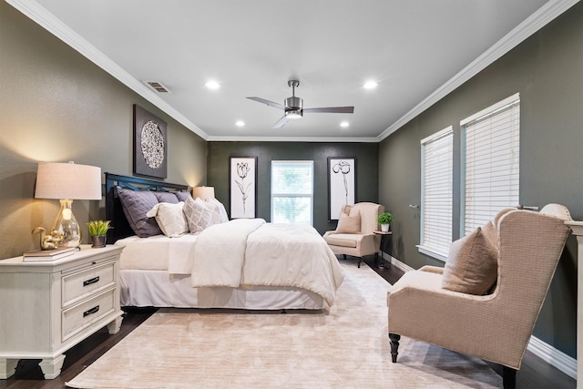 919 Old Justin Rd, Argyle, TX 76226 - bedroom with recessed lighting, crown molding, dark wood-style floors, baseboards, and ceiling fan