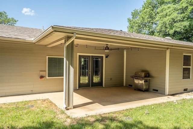 919 Old Justin Rd, Argyle, TX 76226 - rear view of property with a patio area, french doors, a ceiling fan, and a shingled roof